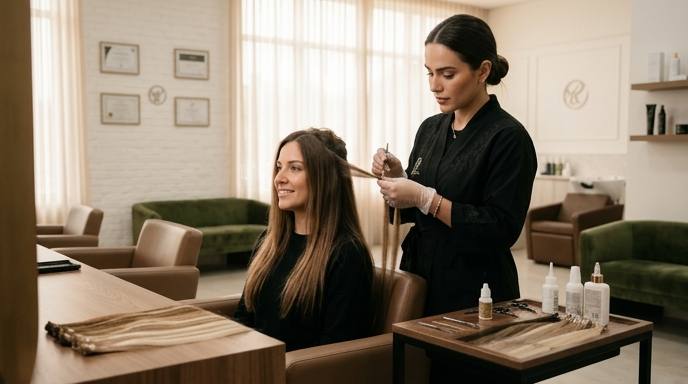 A client with beautiful, new Hair Extensions Winter Park Fl, smiling in a modern salon.