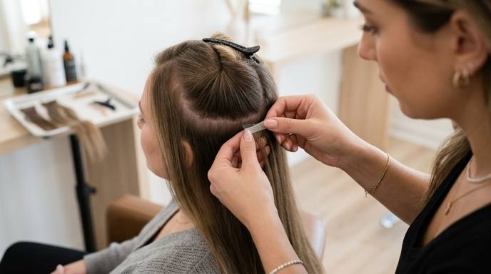 Expert stylist applying premium Hair Extensions Winter Park Fl for a client.
