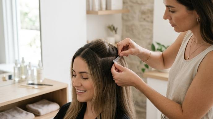 'How Much Do Hair Extensions Cost' - Various types of hair extensions (tape-in, clip-in, sew-in) displayed clearly, perhaps on a mannequin head, with a focus on texture and quality. A background subtly hints at value or choice.